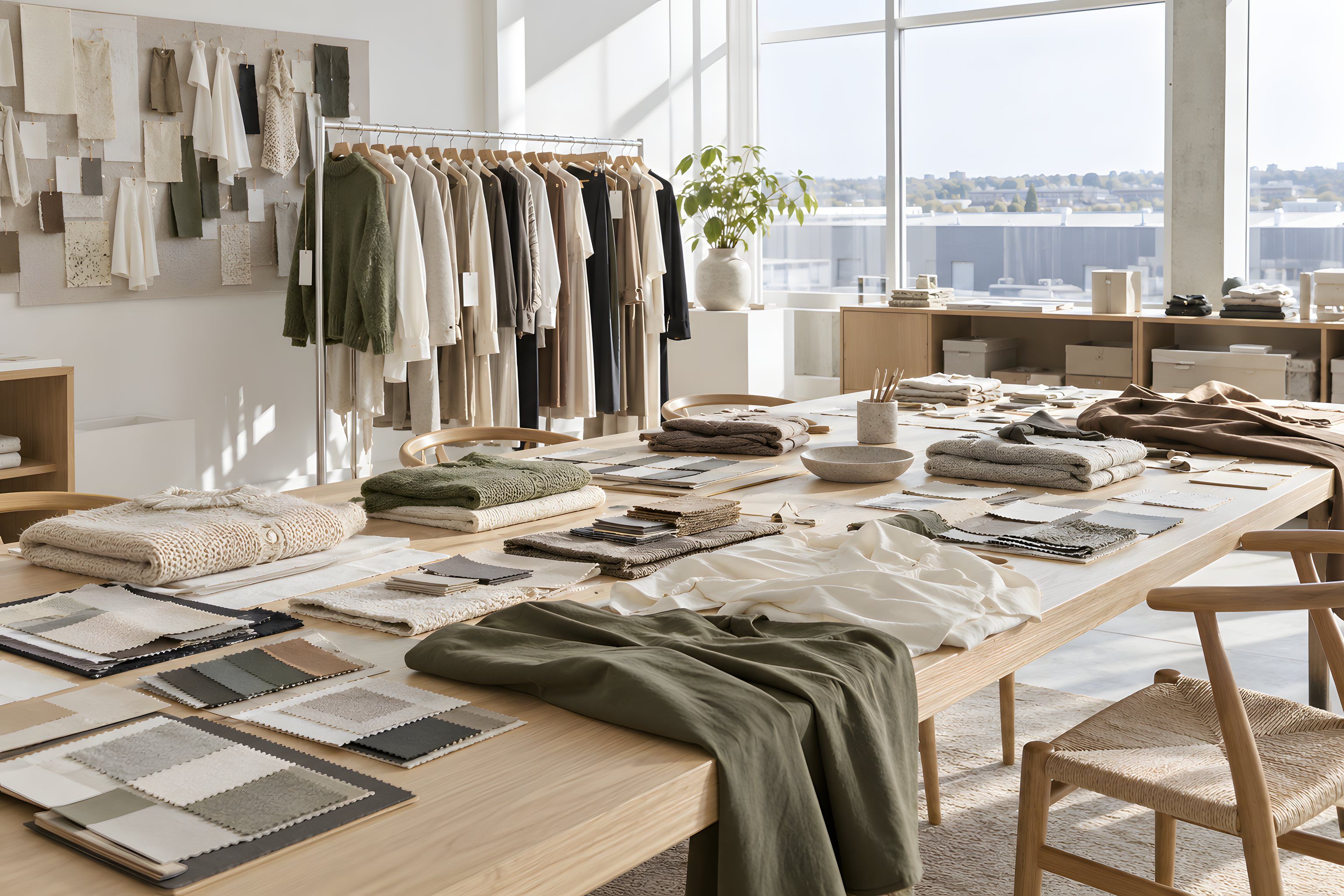A long table of garment samples, fabric swatches and colour cards, a rail of samples behind it