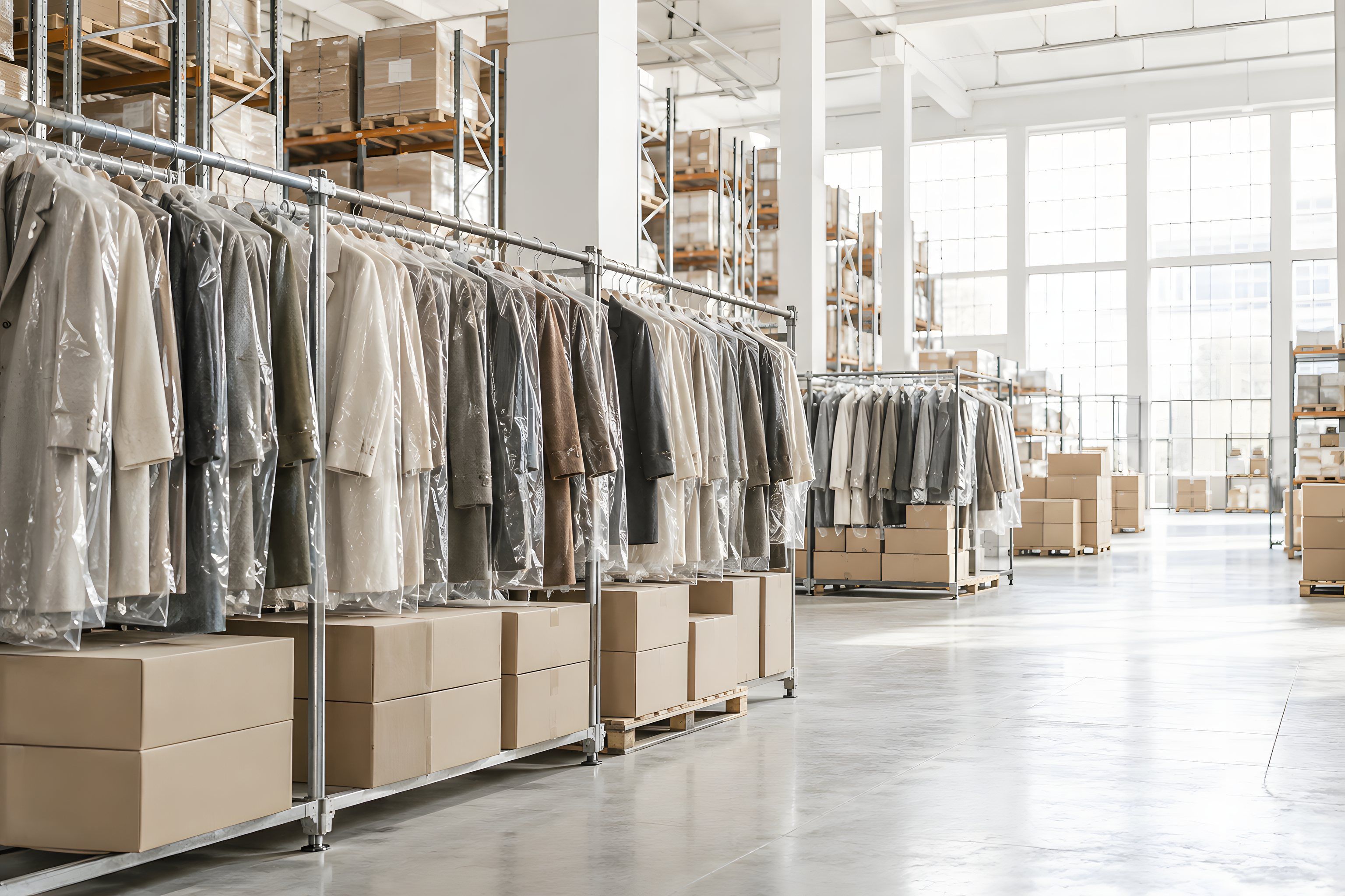A quiet bay of the warehouse with a long double rail of wool coats in clear garment bags, cartons stacked beneath and pallet racking behind