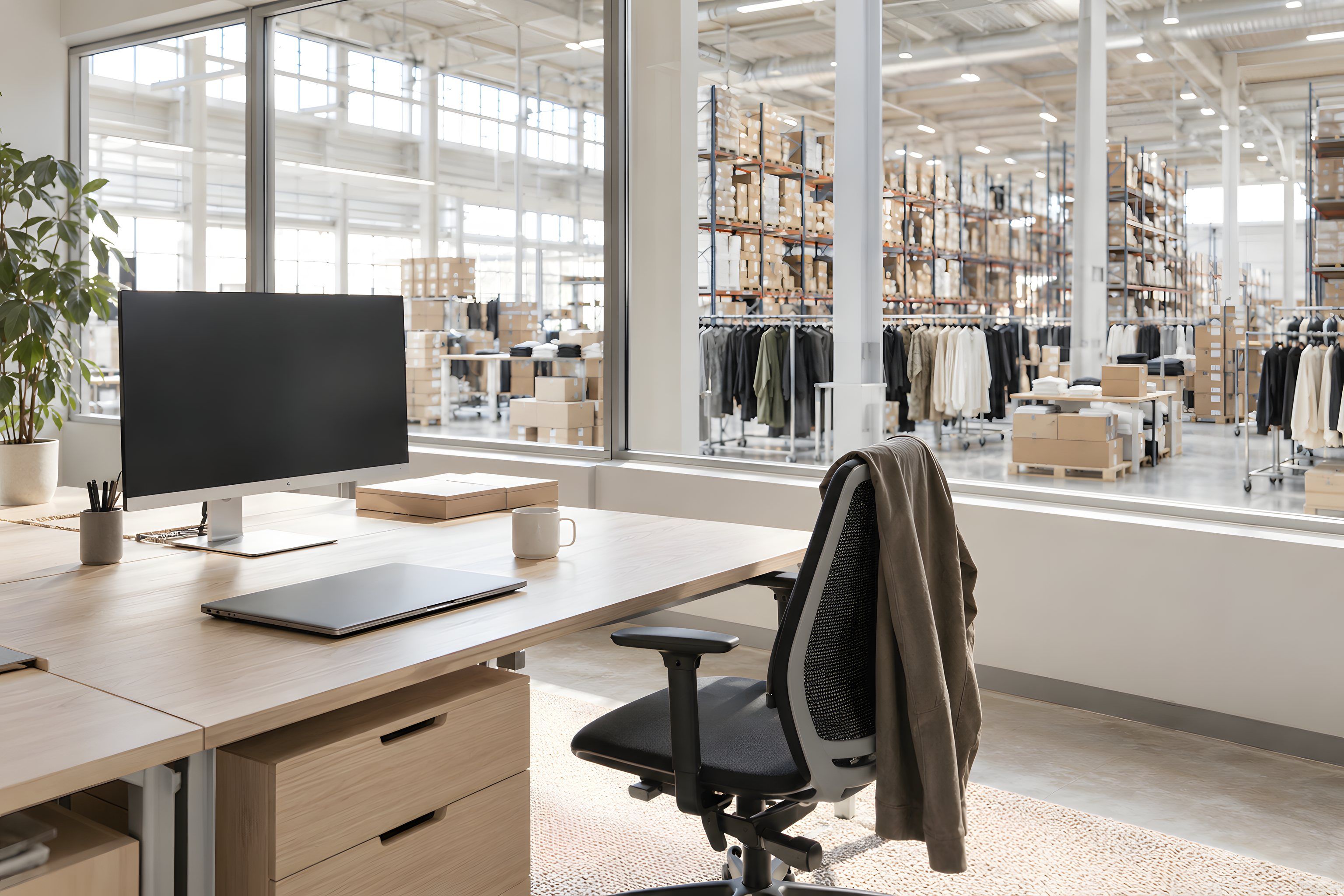A desk by a window onto the warehouse, a switched-off monitor, a closed laptop and a jacket over the chair