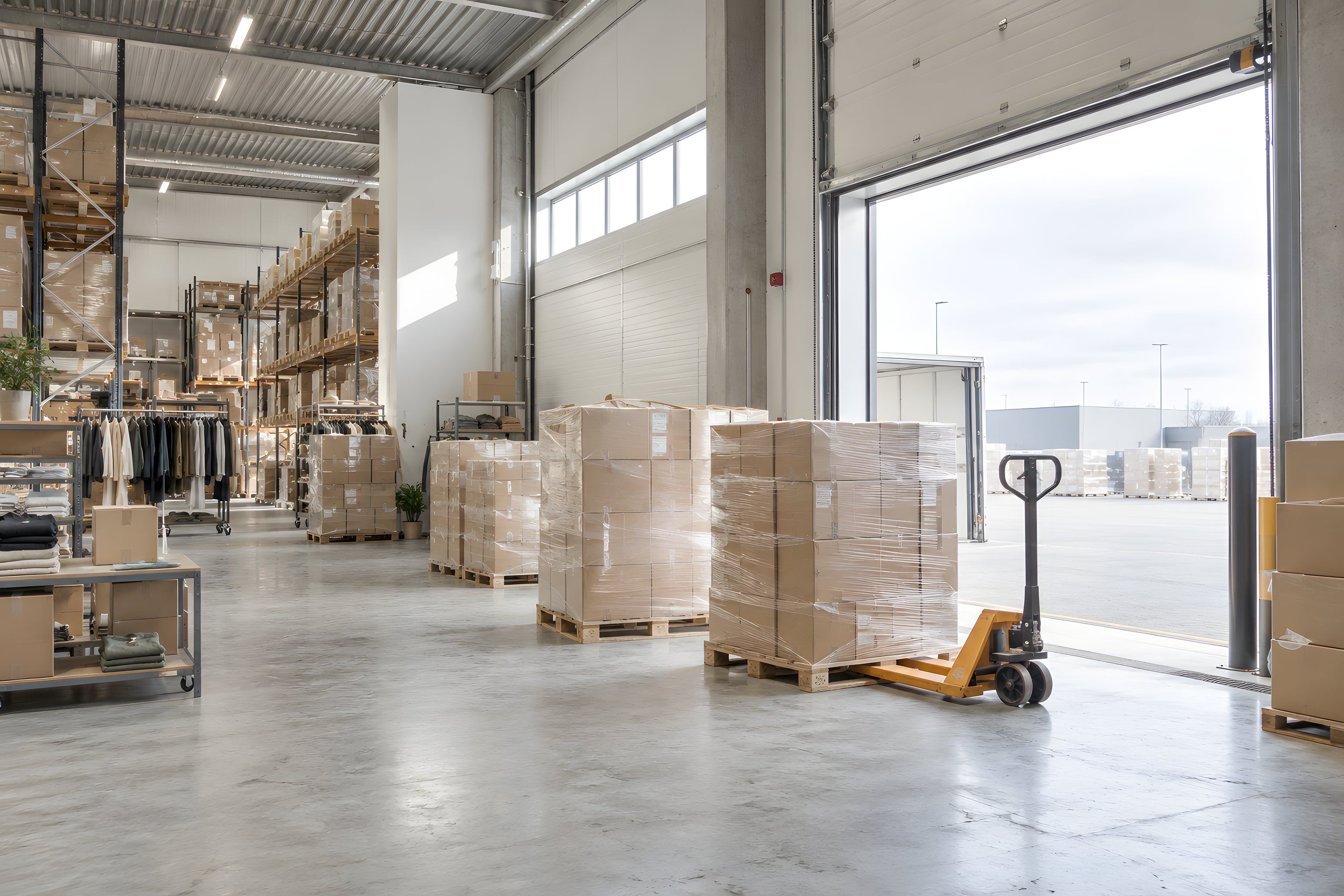 A loading dock with its door open, shrink-wrapped pallets of cartons and a pallet jack on the floor
