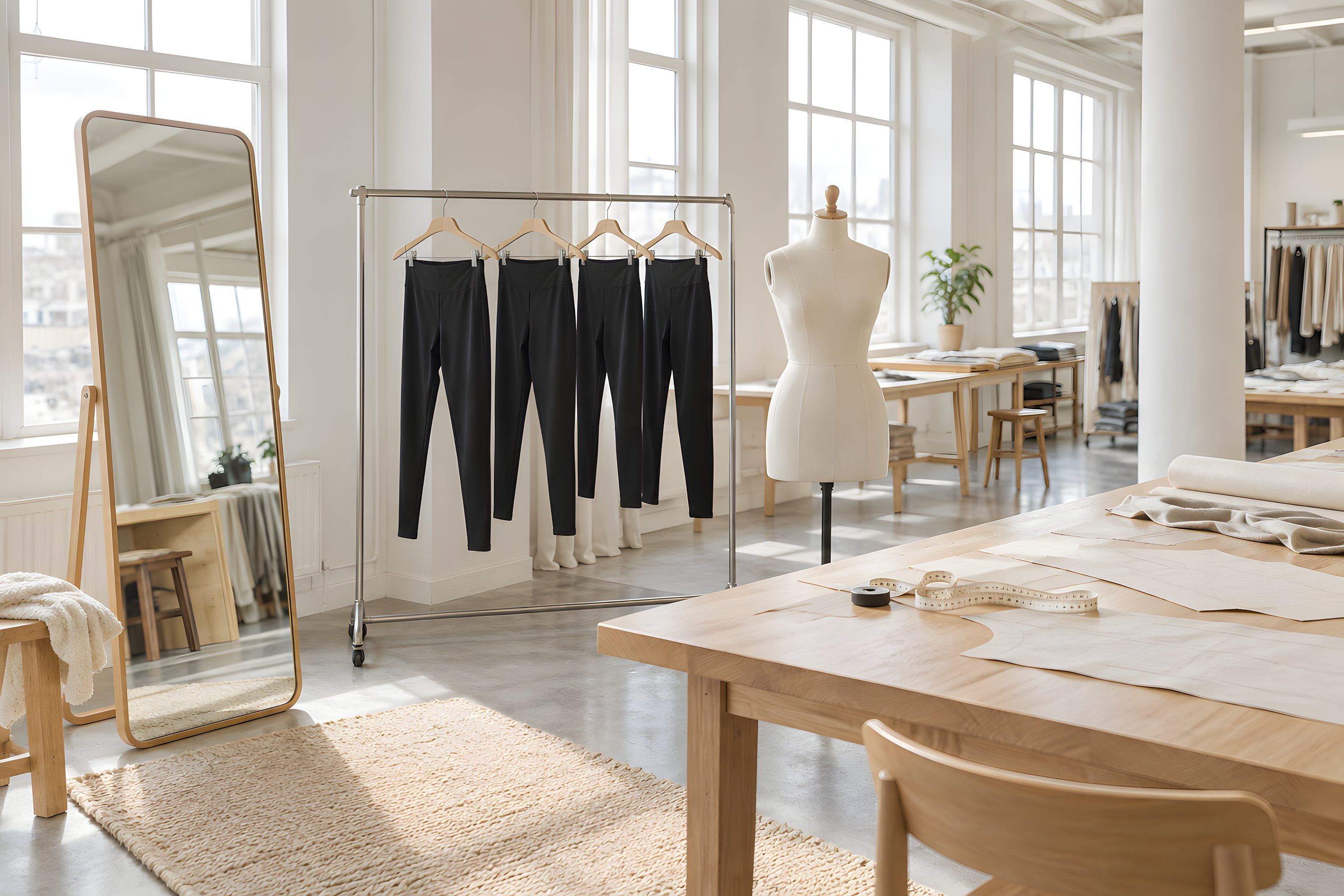 A fit-testing corner with a tall standing mirror, a rail of black leggings in four sizes, a tape measure and paper pattern pieces on a light oak table