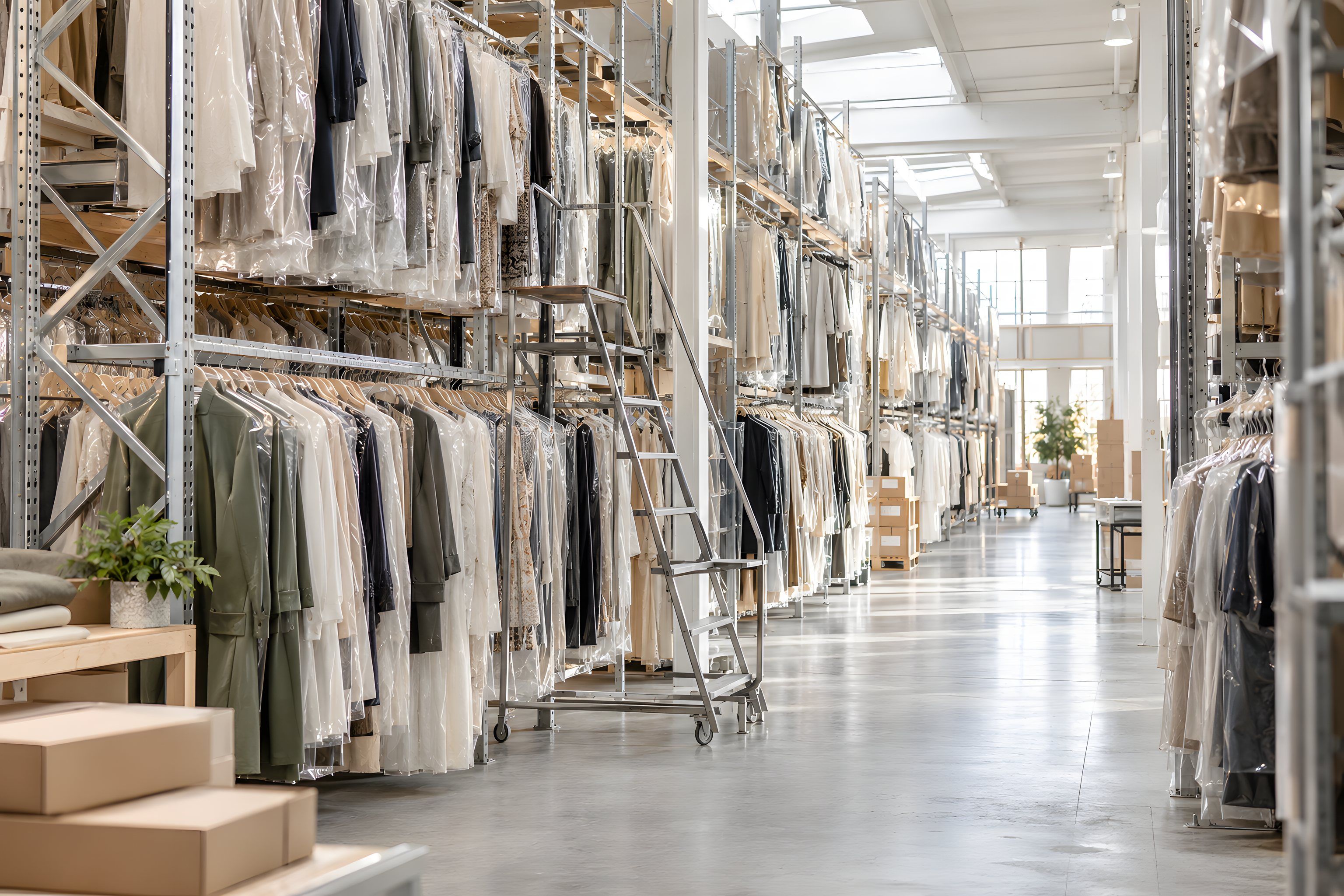 Double-height rails of coats and dresses in plastic covers along a bright warehouse aisle, a rolling ladder against them