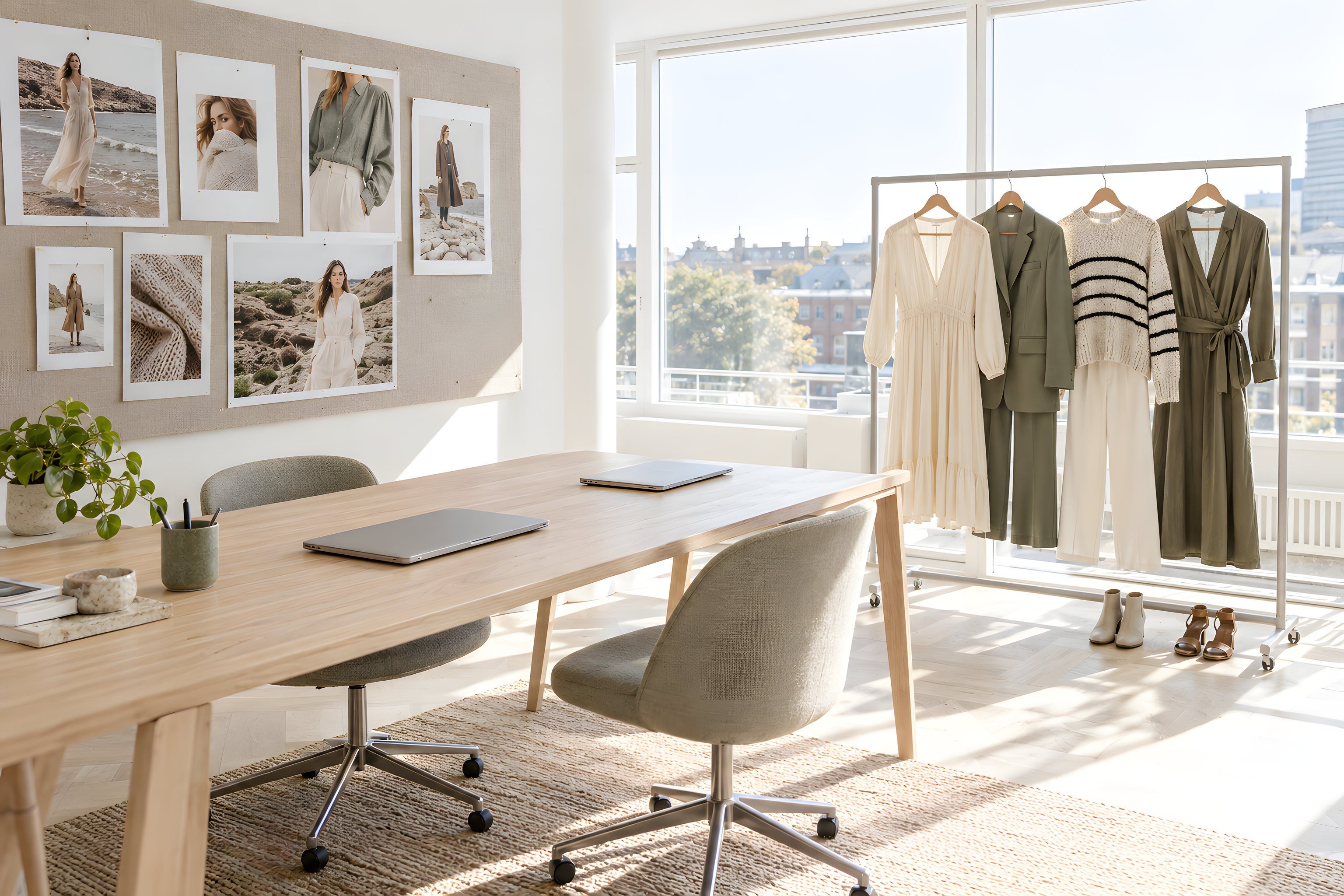 The marketing corner of the office, a long oak desk with two closed laptops, a pin board of campaign photographs and a rail of styled outfits waiting for the next shoot