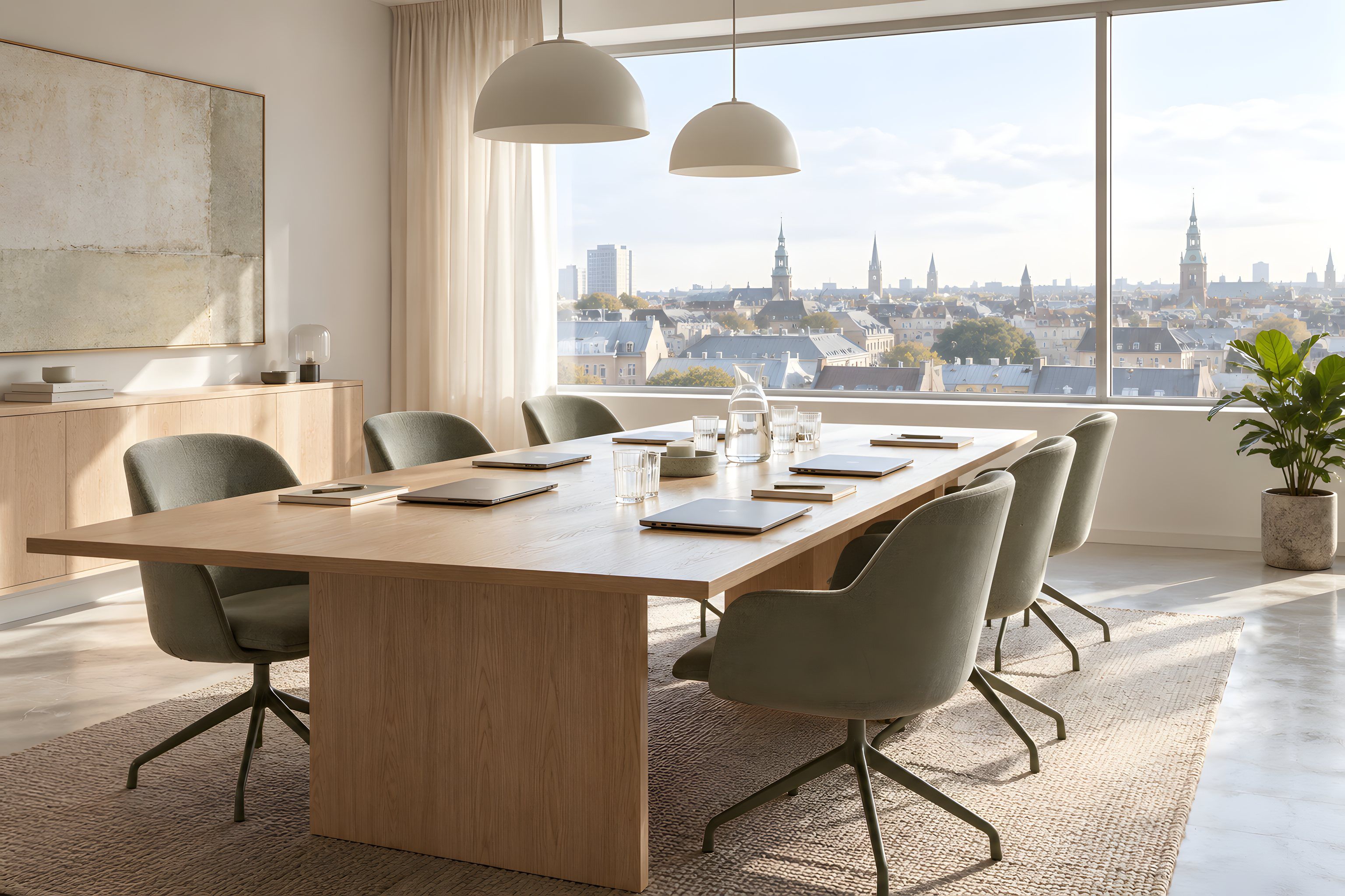 A meeting room with a long oak table, green chairs and closed laptops, a window over rooftops and spires
