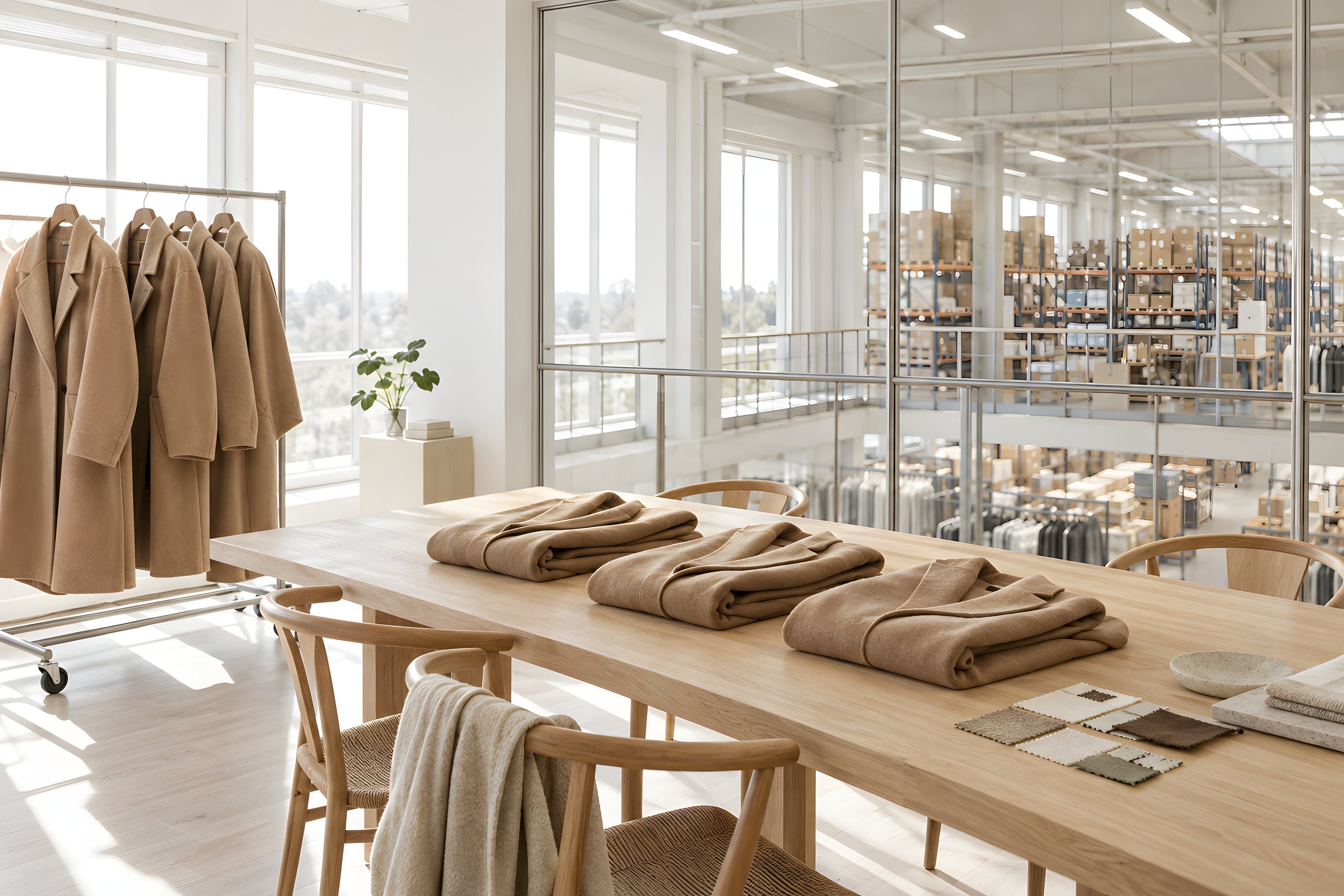A merchandising room above the warehouse floor, camel wool coats on a rolling rail and folded on a long oak table beside fabric swatches, the racking seen through a glass wall