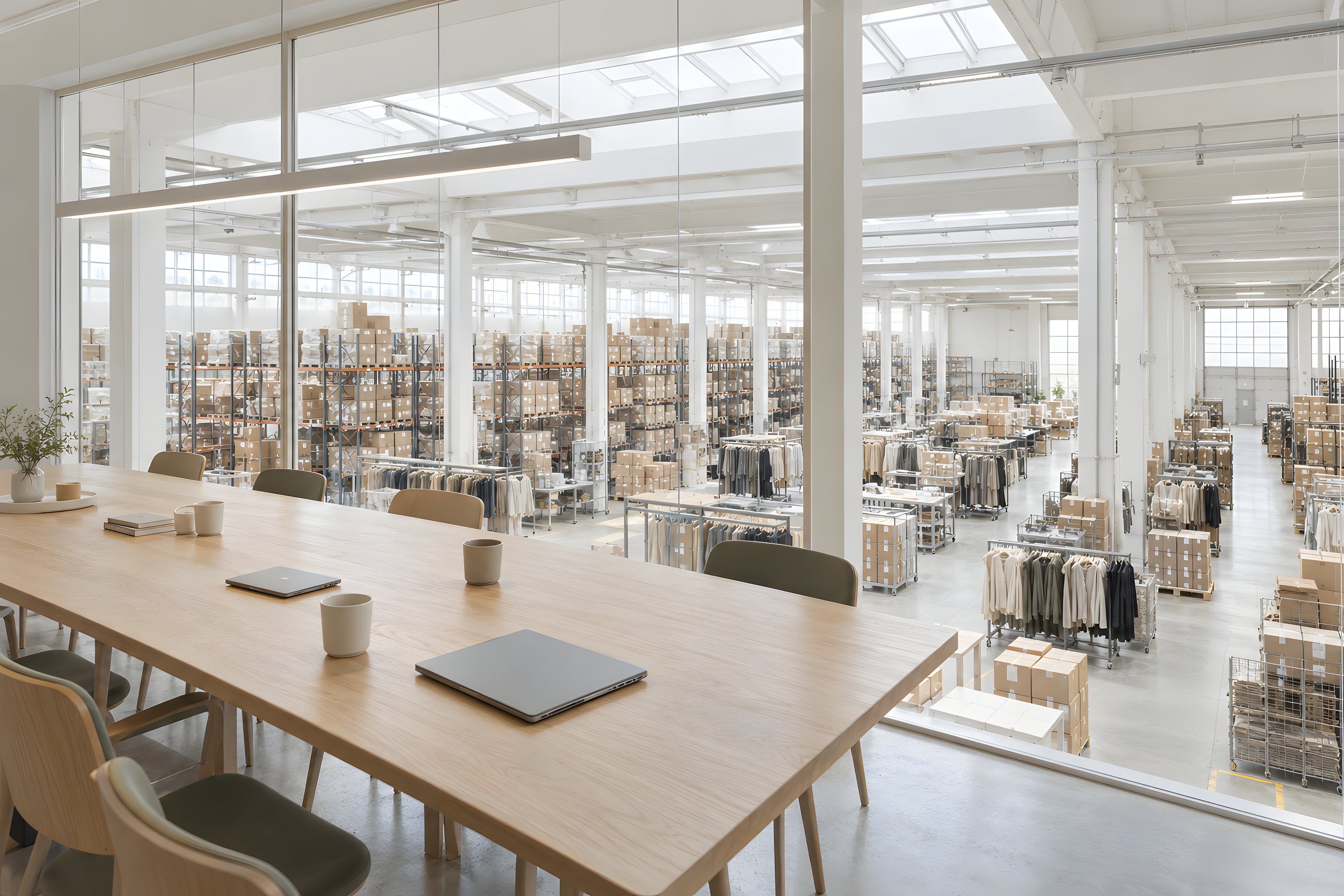 A long oak table with closed laptops and mugs behind a glass wall onto a large, bright warehouse