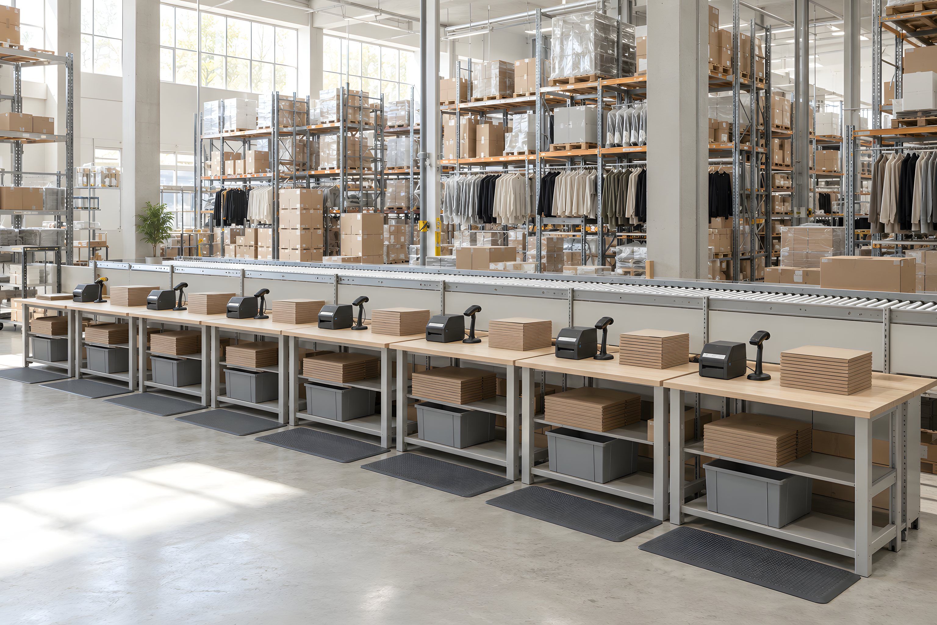 A row of packing stations along a warehouse wall, label printers, barcode scanners and flat mailer boxes, with a roller conveyor behind