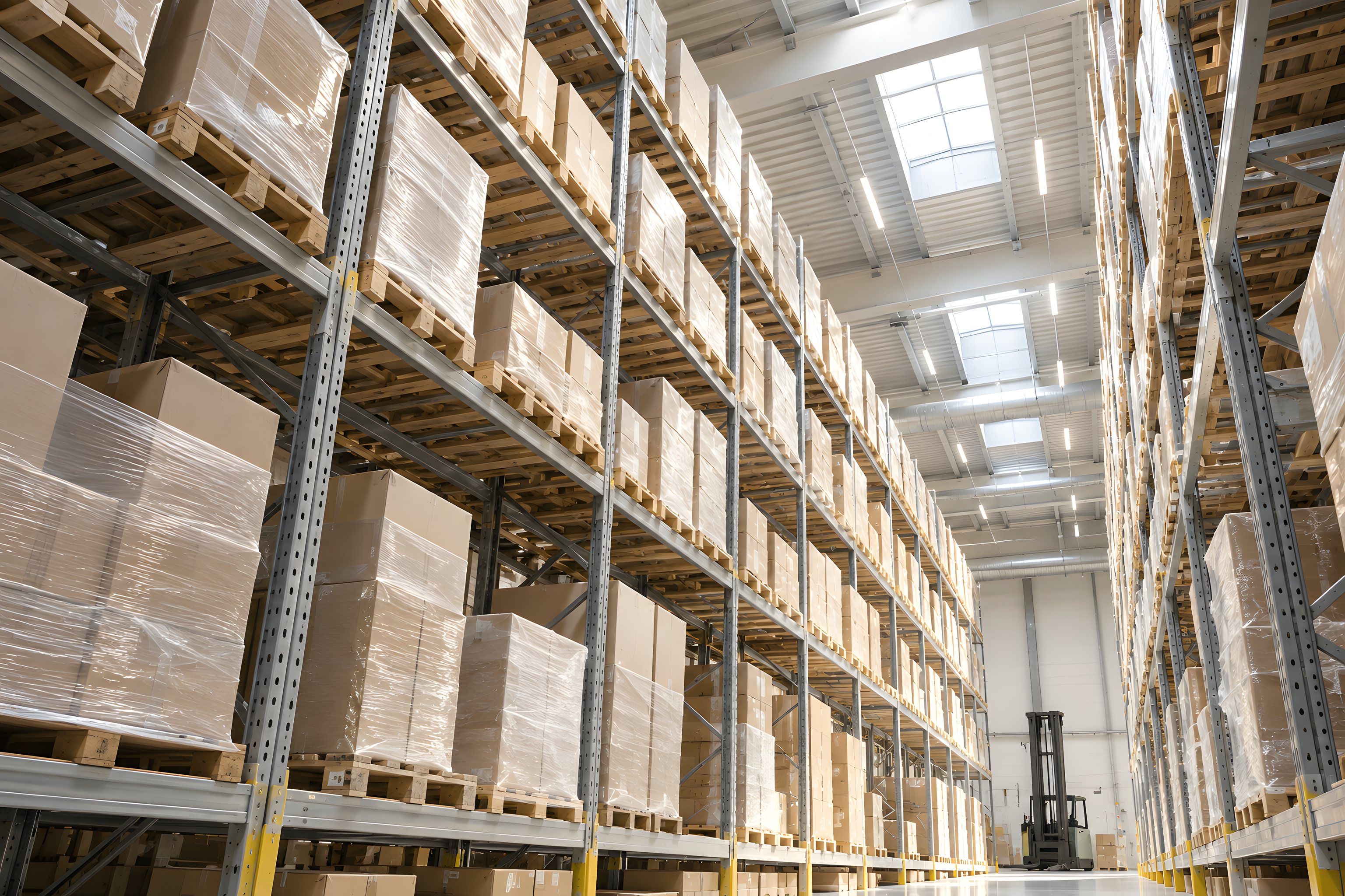 High pallet racking full of shrink-wrapped cartons seen from the aisle, a reach truck at the far end