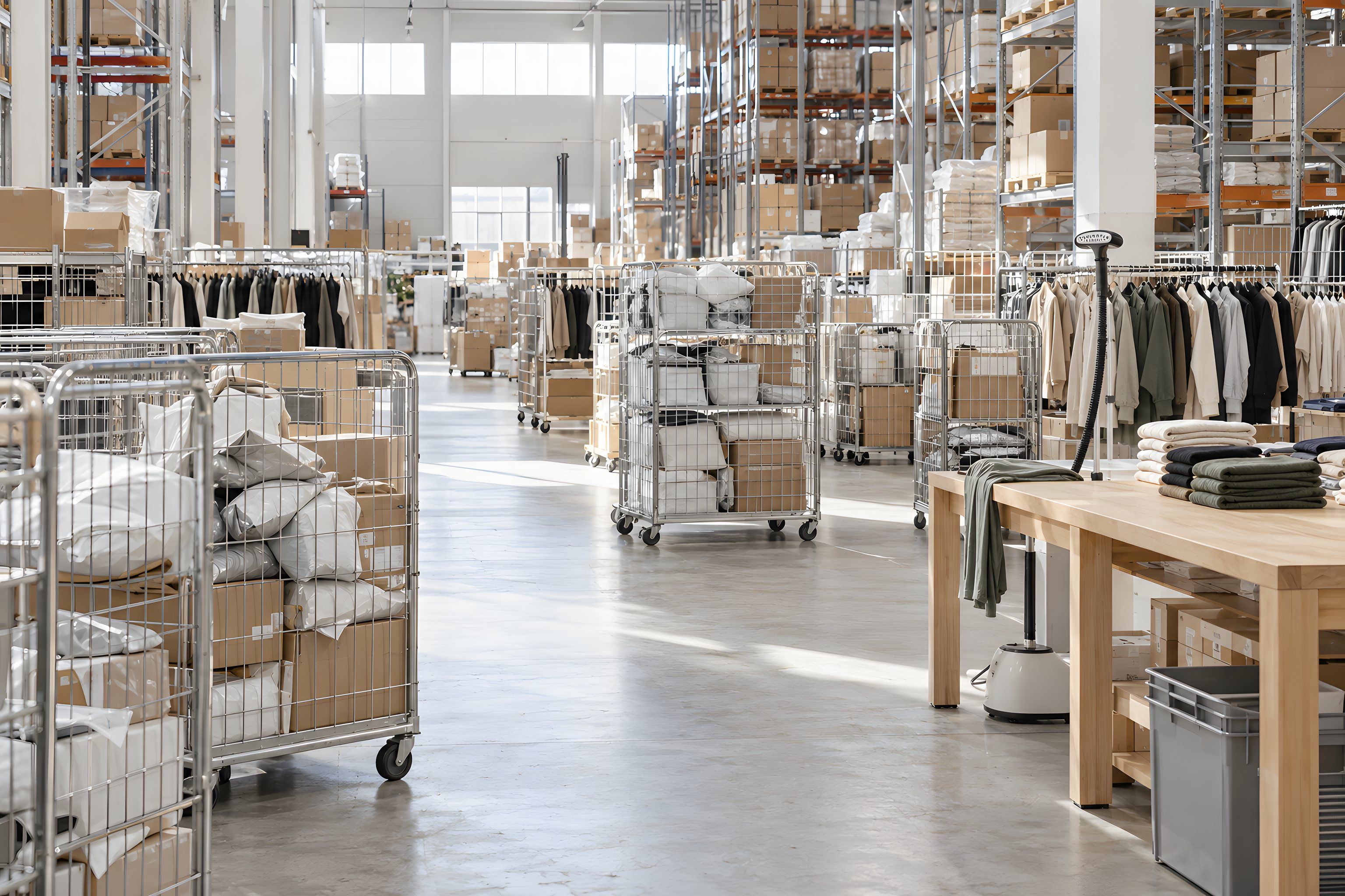 Roll cages of returned parcels and mailer bags beside a wooden inspection table with folded garments and a steamer