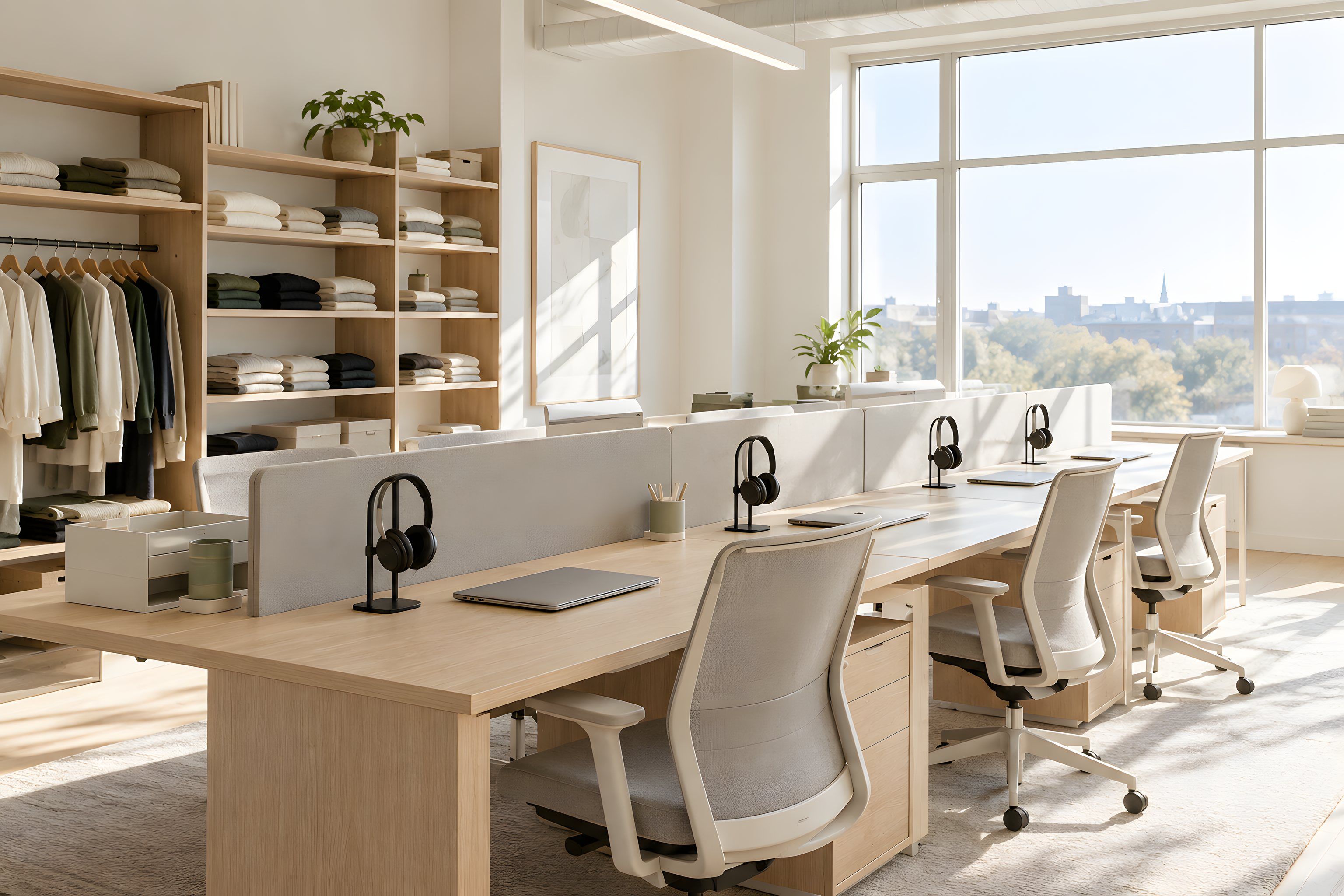 A row of desks with headsets on stands and closed laptops, shelves of folded garments beside them