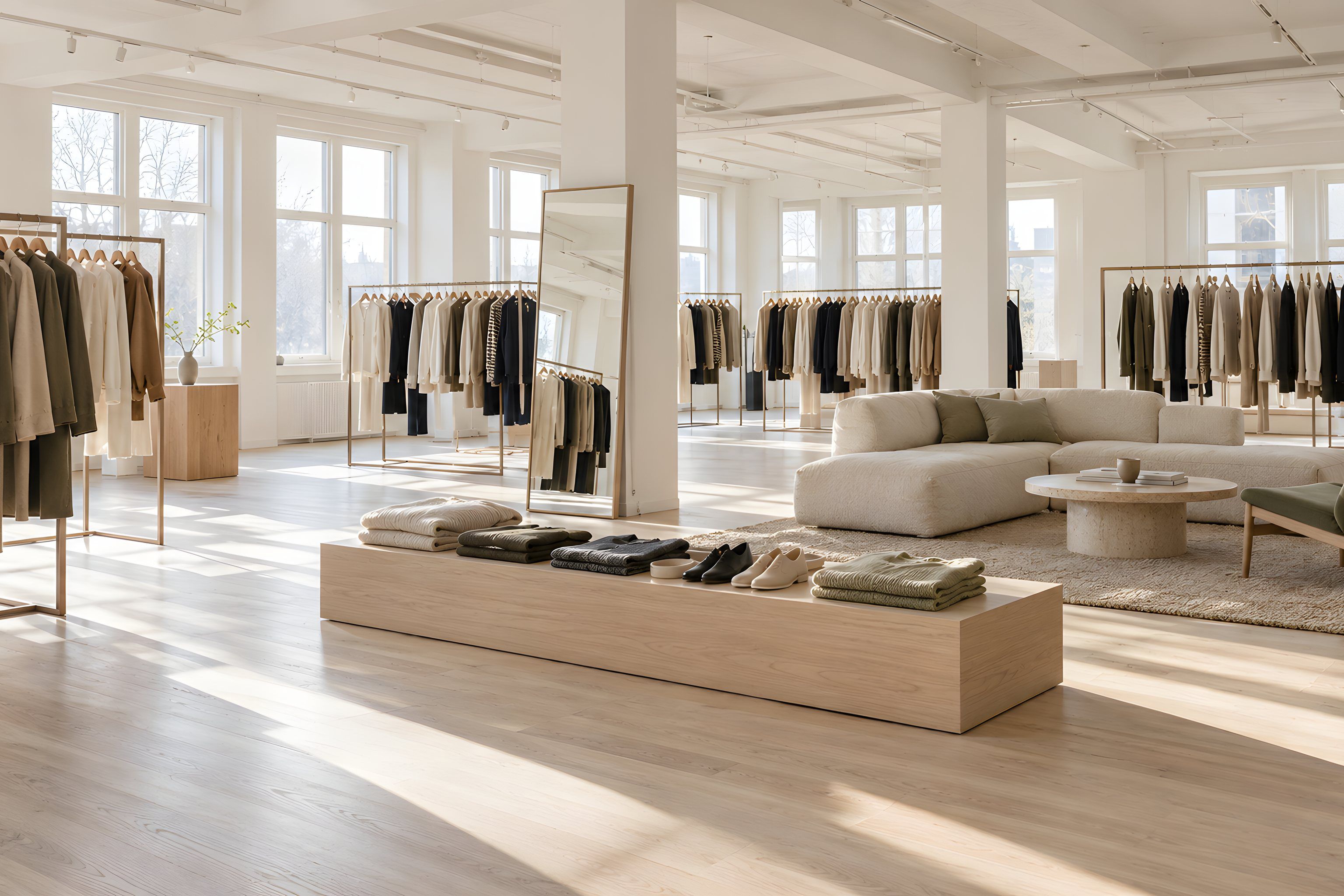 A bright showroom with rails of the new collection on a pale wooden floor, folded knitwear on a low plinth and a sofa for visiting retailers