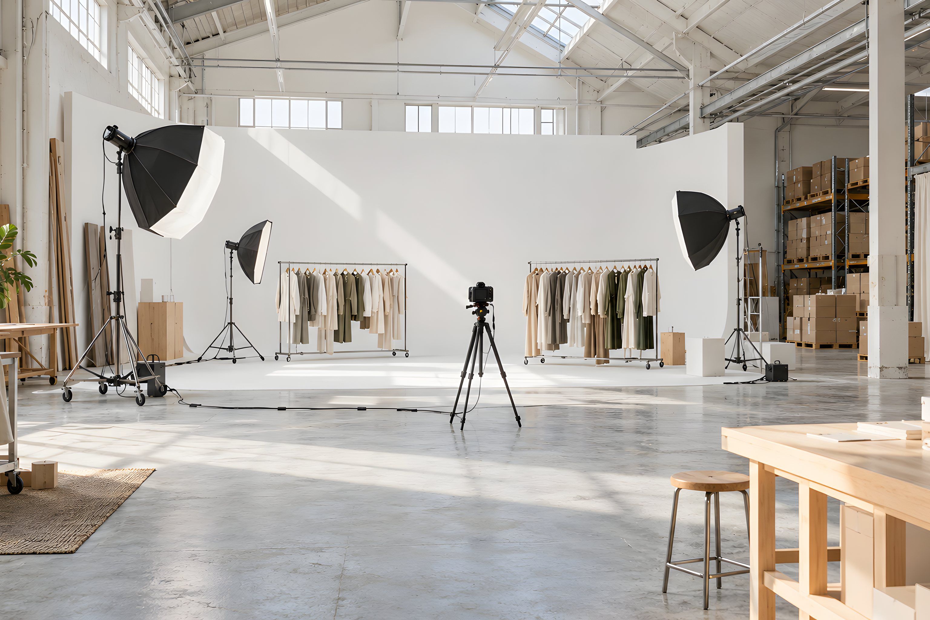 A photo studio in a warehouse bay, with a white backdrop, softboxes, two rails of samples and a camera on a tripod